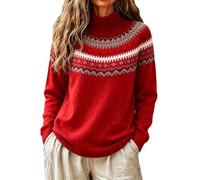 Jersey vintage Fair Isle de punto para mujer, manga larga, de lana suave, cálido, jersey de malla chic Tops de cuello redondo, informal, de gran tamaño, suéteres para mujer de otoño, Rojo1, M