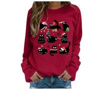Jerseys de Navidad Sudaderas de Gato de Navidad Camisa de Gato Negro con Luces de Navidad Cuello Redondo Suéter de Vacaciones Suéter de Manga Larga Blusa Cuello Redondo Sudadera de Navidad de Talla