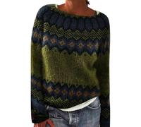 Jerseys Fairisle para Mujer Cuello Redondo Manga Larga Suéteres de Lana para Mujeres Otoño e Invierno Retro de Punto Pullover Tops Elegante Tejido Nórdico Chicas Jersey Fairisle Señoras Jerseys de