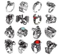 JeryWe 16-20 anillos vintage punk para hombres y mujeres, anillos abiertos góticos plateados, negros, calavera, esqueleto, pulpo, tentáculo, ojos del infierno, anillos ajustables, set de anillos