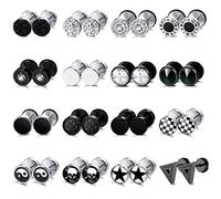 JeryWe 16 Pares Pendientes Studs para Hombre Mujere Acero Inoxidable Redondo Plata Negro Stud Pendientes Fake Plug Orejas Tornillo Barbell Ear Plugs Faux Gauges Ear Tornillo 8MM A