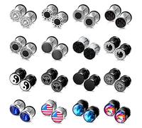 JeryWe 16 Pares Pendientes Studs para Hombre Mujere Acero Inoxidable Redondo Plata Negro Stud Pendientes Fake Plug Orejas Tornillo Barbell Ear Plugs Faux Gauges Ear Tornillo 8MM B