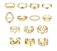 JeryWe 16PCS Anillos de plata cúpula gruesos anillos para las mujeres 18K chapado en oro Media Luna trenzada retorcida apilando marcador redondo ajustable abierto anillos conjunto oro