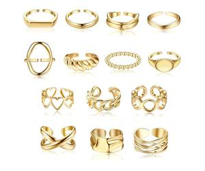 JeryWe 16PCS Anillos de plata cúpula gruesos anillos para las mujeres 18K chapado en oro Media Luna trenzada retorcida apilando marcador redondo ajustable abierto anillos conjunto oro