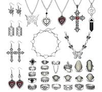 JeryWe 33 Piezas Gótico Grunge Joyería Set para Mujeres Hombres Collar Vintage Pendientes Hada Mariposa Boho Cruz Colgante Corazón Gargantilla Goth Apilable Nudillo Anillos Ajustable Punk Y2K Joyería