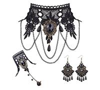 JeryWe 4PCS Gothic Vintage Witch Vampire Jewellry Set para Mujeres Collar Gargantilla de Encaje Negro Guantes Largos sin Dedos Pulsera Pendientes Punk Party Cosplay Accesorios para Halloween Pascua A