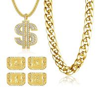 JeryWe Hip Hop Chapado en Oro Cadena Collares y Anillos Set para Hombres Mujeres Traje de Rapero Grande Chunky Cadena con el signo del dólar Kanji Bendición Lucky Anillos 80s 90s Joyas para fiestas