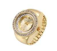 Jessica Simpson Reloj de anillo ajustable dorado para mujer, bisel de cristal, mini esfera analógica de cuarzo, banda elástica, accesorio de joyería de moda