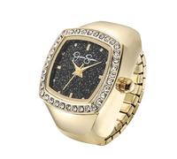 Jessica Simpson Reloj de anillo ajustable dorado para mujer, bisel de cristal, mini esfera analógica de cuarzo, banda elástica, accesorio de joyería de moda