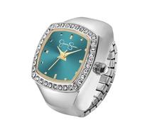 Jessica Simpson Reloj de anillo plateado para mujer, bisel de cristal acolchado, esfera de rayos solares verde azulado con detalles dorados, banda de expansión elástica, accesorio de moda analógico de