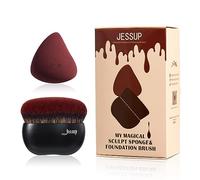 Jessup brocha de base con esponja de maquillaje, brocha de maquillaje negra, brocha kabuki de parte superior plana para punteado de mezcla líquida, T881