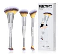Jessup Brochas para Maquillaje para Rostro Set de 3pcs Brocha de Maquillaje Doble Punta para Base, Contorno, Rubor, Iluminador y Corrector, Veganas Quiet Gray T521