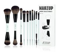 Jessup Juego de Brochas de Maquillaje 10 Brochas Maquillaje de Doble Punta para Base,Contorno,Rubor, Mezcla,Sombra de Ojos,Delineador de Ojos, Pincele Corrector de Cejas,Cian Brillante T500