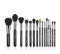 Jessup Juego de brochas de maquillaje, 15 piezas, brochas de maquillaje, maquillaje de base, base de polvo, sombra de ojos, delineador de ojos, brochas de labios (negro/plata) T092