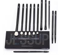 Jessup Juego de brochas para sombras de ojos 12 piezas para maquillaje de ojos negros, profesional con cabello sintético natural para delineador de cejas y pestañas mezcla de carretes, T322