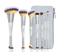 Jessup Set Brocha de Maquillaje 7pcs Brochas para Maquillaje Doble Punta, Pinceles Sintéticas para Base, Contorno, Rubor, Iluminador, Cejas y Sombras con Bolsa, Quiet Gray T520