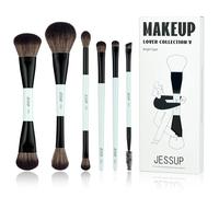 Jessup Set Brochas de Maquillaje 6pcs Brochas de Doble Punta para Rostro y Ojos Pincele Maquillaje Base,Sombra de Ojos,Contorno,Rubor,Iluminador, Difuminado,Cepillo de Cejas, Cian Brillante T501