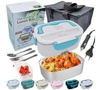 JessyLine Fiambrera eléctrica portátil clara y juvenil 80W 12V/24V/220V Coche Camión Oficina Calienta comida rápido sin microondas tartera envase acero inoxidable 1,5L bandeja simple Blanco Azul claro