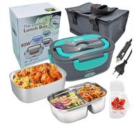 JessyLine Fiambrera eléctrica portátil moderna 80W 12V/24V/220V Coche camión y Oficina Calienta comida sin microondas Lonchera con contenedores simple y doble Acero inoxidable 1,5L Gris con turquesa