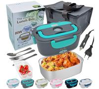 JessyLine Fiambrera eléctrica portátil moderna y versátil 80W 12V/24V/220V Coche camión y Oficina Calienta comida sin microondas lonchera contenedor acero inoxidable 1,5L Una división, Gris turquesa