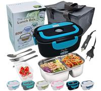 JessyLine Fiambrera eléctrica portátil profesional elegante 80W 12V/24V/220V Multifunción coche camión oficina Calienta comida rápido Taper Contenedor dividido Acero inoxidable 1,5L Negra azul-claro