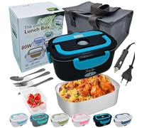 JessyLine Fiambrera eléctrica portátil profesional y elegante 80W 12V/24V/220V Multifunción coche camión oficina Calienta comida rápido Taper contenedor acero inoxidable 1,5L simple Negra y azul claro