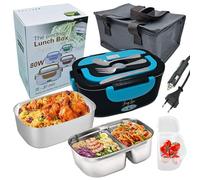 JessyLine Fiambrera eléctrica portátil profesional y elegante 80W 12V/24V/220V Multifunción coche camión oficina Calienta comida rápido Envase simple y doble Acero inoxidable 1,5L Negra azul-claro