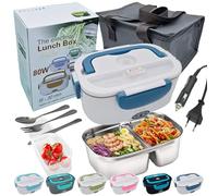 JessyLine Lonchera Fiambrera Eléctrica 3 en 1 12V/24V/220V 80W - Calienta Comida en Coche, Camión y Oficina - Contenedor 1,5L Acero Inoxidable - Bolsa Térmica, 3 Cubiertos y Válvula de Vapor - Taper