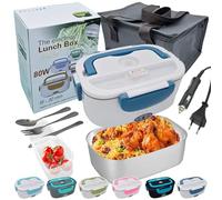 JessyLine Lonchera Fiambrera Eléctrica 3 en 1 12V/24V/220V 80W - Calienta Comida en Coche, Camión y Oficina - Contenedor 1,5L Acero Inoxidable - Bolsa Térmica, 3 Cubiertos y Válvula de Vapor - Taper