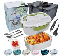 JessyLine Lonchera Fiambrera Eléctrica 3 en 1 12V/24V/220V 80W - Calienta Comida en Coche, Camión y Oficina - Contenedor 1,5L Acero Inoxidable - Bolsa Térmica, 3 Cubiertos y Válvula de Vapor - Taper