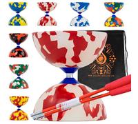 Jester - Juego de diábolos con varillas de fibra, cuerda de diábolo, juego de diábolo de goma Pro mediano con bolsa de transporte en cascada (rojo y blanco)