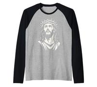 Jesucristo Corona De Espinas Mirada Monocromo Arte Cristiano Camiseta Manga Raglan