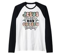 Jesús alabando pollo criando la fe de la granja divertida Camiseta Manga Raglan