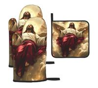 Jesus Ascended To The Rose - Guantes de horno y soportes para ollas, juego de 3 guantes de cocina para cocinar a la parrilla