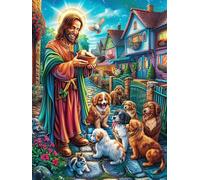 Jesús con Cachorros en el jardín de Flores Puzzle 300 Piezas Desafío Impossible Mitos fantásticoss Rompecabezas para Adultos Aliviar Estrés Decoración Hogar 3D Maquetas Construir 300 PCS