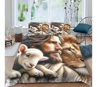 Jesús con el Cordero León Conjunto De Cama 3D Resistente A Decoloración Uso Anual Decoración Fe Paz para Niños Y Niñas Regalo Familiar Double（200x200cm）