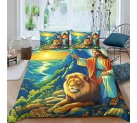 Jesús con el León de Judá Conjunto De Cama 3D Lavable A Máquina Cierre Oculto Arte Mural de la fe Real Ropa De Lujo Dormitorio Principal Regalo Ideal Double（200x200cm）