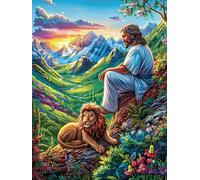Jesús con un león al Atardecer de la montaña Puzzle 300 Piezas Impossible Creativo Único Mitos fantásticoss Rompecabezas 3D Obra De Arte para Toda La Familia Juguete Educativo Decoración 300 PCS
