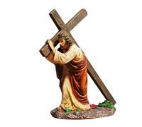 Jesus Cross Ornament Figurine - Hand Painted Resin Statue, Small Table Display | Religious Sculpture Devotional Decor Faith Symbol Detailed Craft Spiritual Accent For Easter Decoration Home Altar Shel