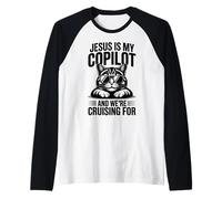 Jesús es mi copiloto y Estamos Buscando Gatos - Biblia Divertida Camiseta Manga Raglan