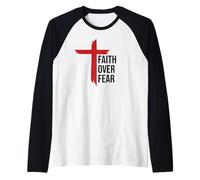 Jesus Faith Over Fear Red Christian Cross Bible Psalms 118:6 Camiseta Manga Raglan