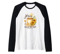 Jesus Fills My Cup Psalm 23:5 Watercolor Sunflower Camiseta Manga Raglan