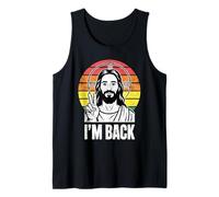 Jesus I'm Back Peace Sign Retro Sunset Humor Cristiano Camiseta sin Mangas