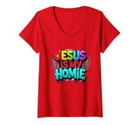 Jesus Is My Homie: Vibrant Rainbow Wings Faith Declaración Camiseta Cuello V, Mujer, Rojo, XL