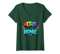 Jesus Is My Homie: Vibrant Rainbow Wings Faith Declaración Camiseta Cuello V, Mujer, Verde Bosque, XXL