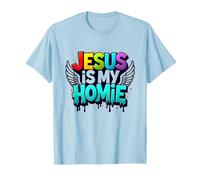 Jesus Is My Homie: Vibrant Rainbow Wings Faith Declaración Camiseta, Hombre, Azul Bebé, XL