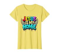 Jesus Is My Homie: Vibrant Rainbow Wings Faith Declaración Camiseta, Mujer, Limón, XL