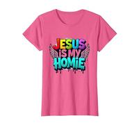 Jesus Is My Homie: Vibrant Rainbow Wings Faith Declaración Camiseta, Mujer, Rosa Jaspeado, M