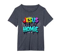 Jesus Is My Homie: Vibrant Rainbow Wings Faith Declaración Camiseta, Mujer Tallas Grandes, Azul Jaspeado, 2XL Grande