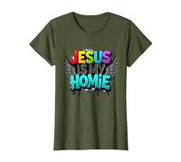 Jesus Is My Homie: Vibrant Rainbow Wings Faith Declaración Camiseta, Mujer, Verde Oliva, L